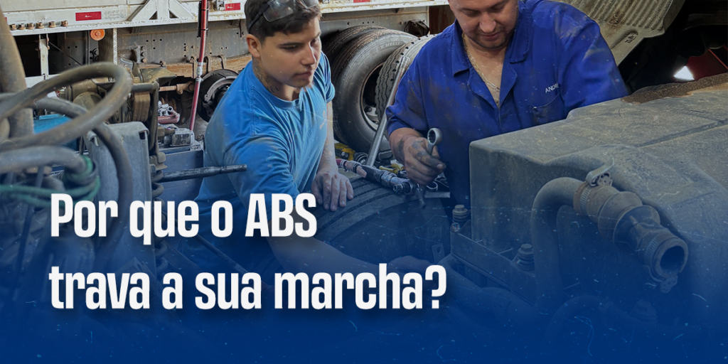 Fotografia ilustrativa de mecânicos volvo trabalhando + texto: por que o ABS trava a sua marcha?