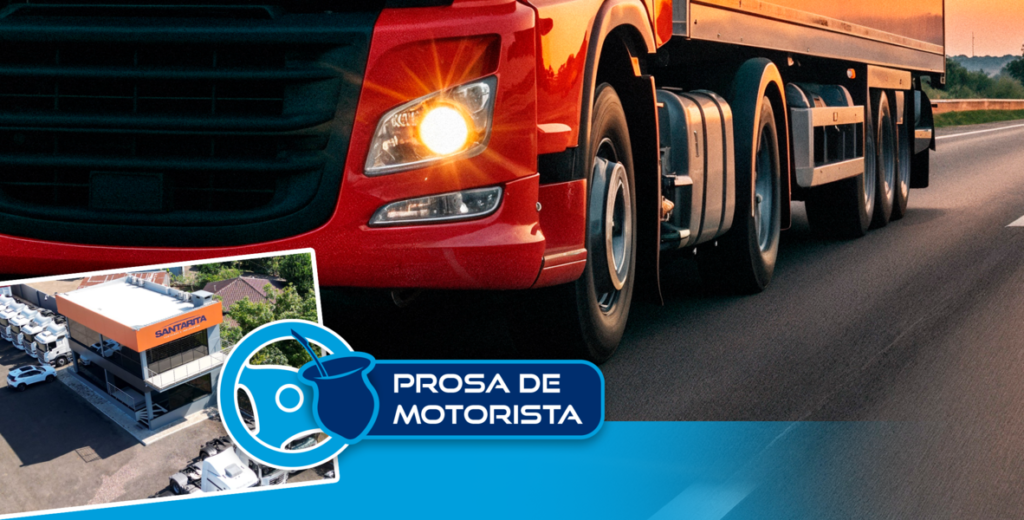 Fotografia ilustrativa de um caminhão vermelho na estrada com a frase: Prosa de Motorista